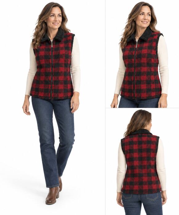 Woolrich Jackets & Blazers - Woolrich Vest Womens Medium Tartan Black Red Plaid Faux Fur Collar